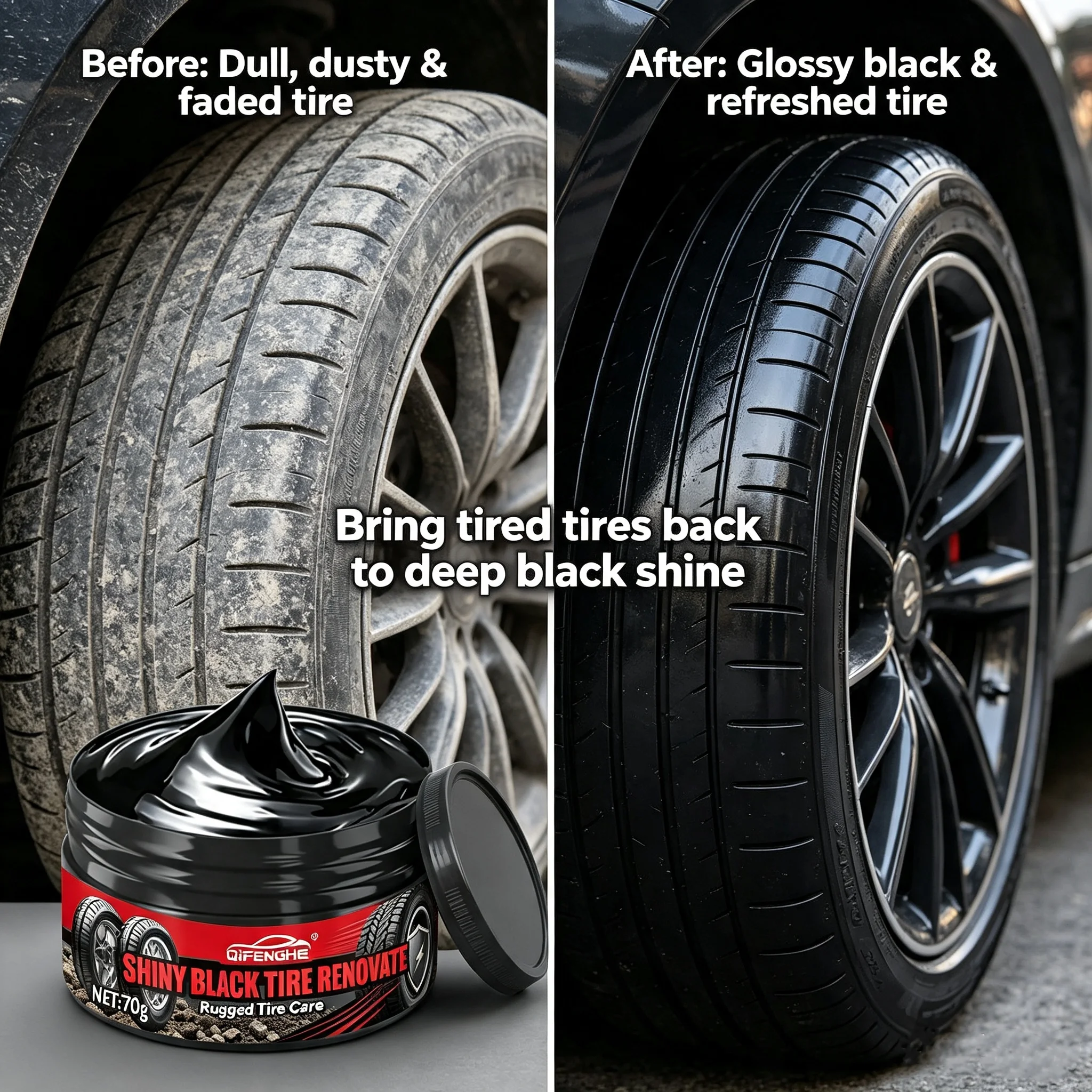 Rugged Tire Care Paste QIFENGHE 70g Waterproof Black Shine Coating Anti-Aging Dust Resistant Polish Cream for Off-Road & Daily A