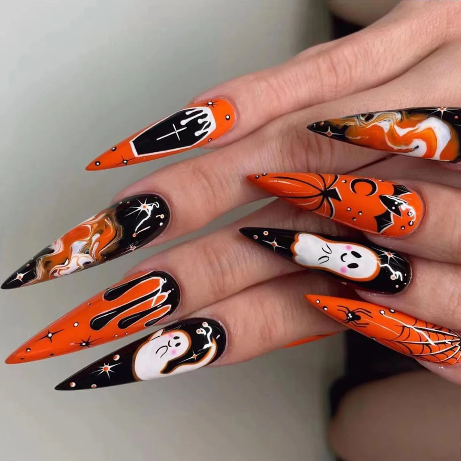 Halloween Fake Nail Art with Spider Web Decor Natural Unbreakable Nail Simple Wear for Stage Performance Wear