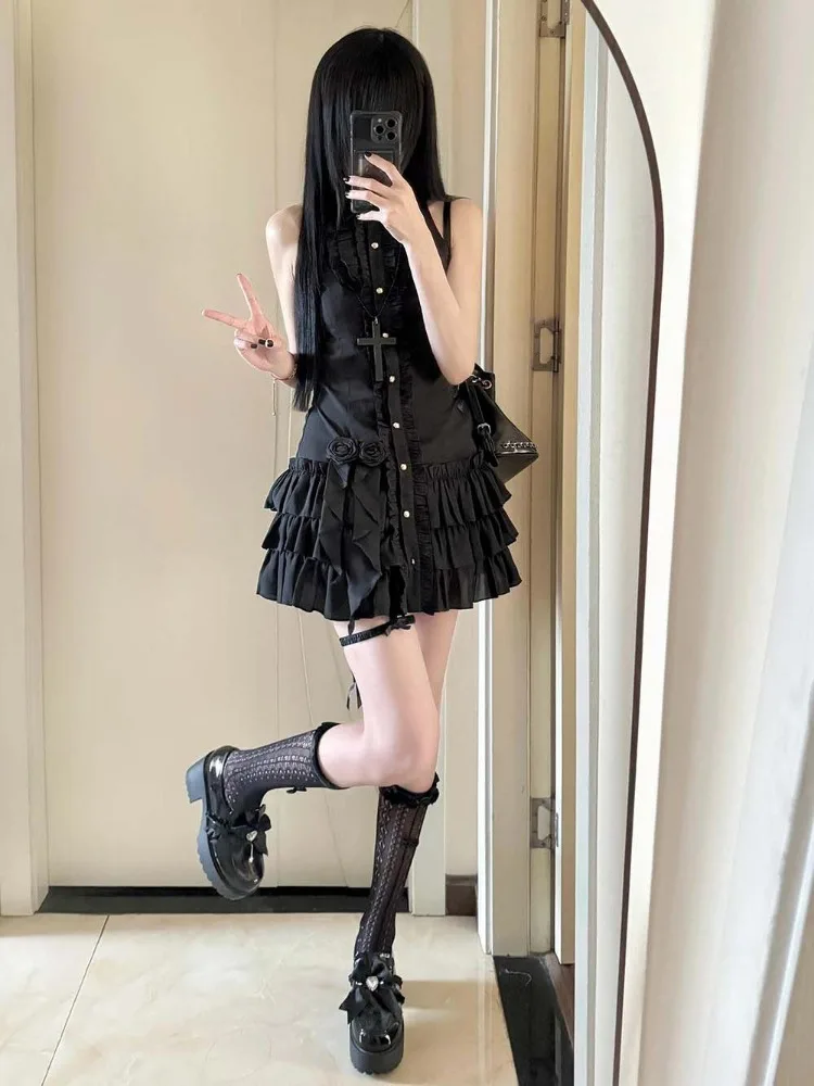 Robe Mino Vintage sans manches pour femmes, taille noire japonaise, Slim, à volants irréguliers, Design Floral, tenues Y2k, nouvelle collection été 2025