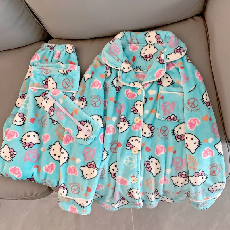 Cartoon Sanrioed Hello Kittys Sweet Loungewear Thickened Thermal Lapel Cute Pajamas Coral Fleece Pajama Set Christmas Present