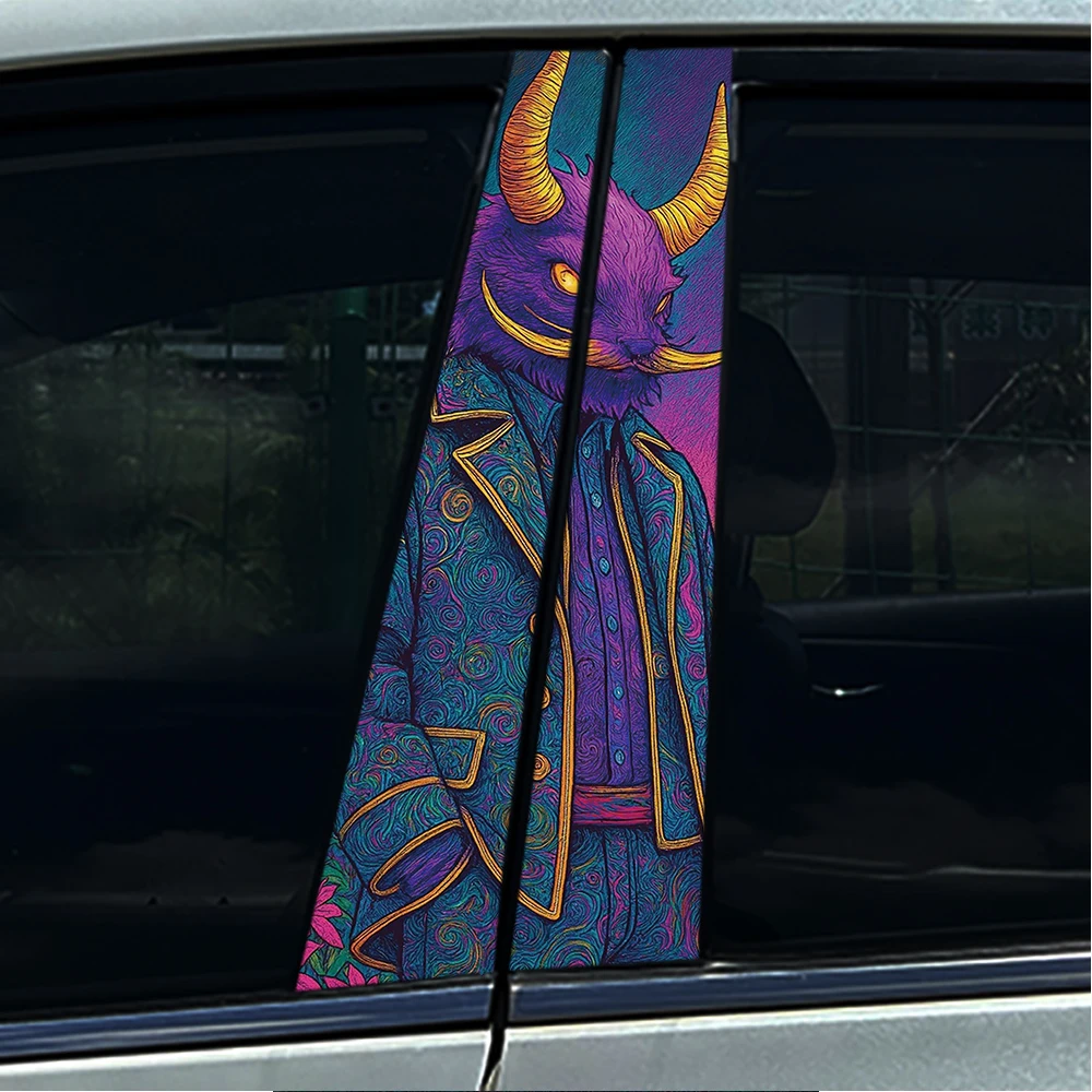 2PCS Colorful Trippy Demon Gentleman in Suit Car B Pillar Sticker Waterproof Vinyl Door Middle Column Decal