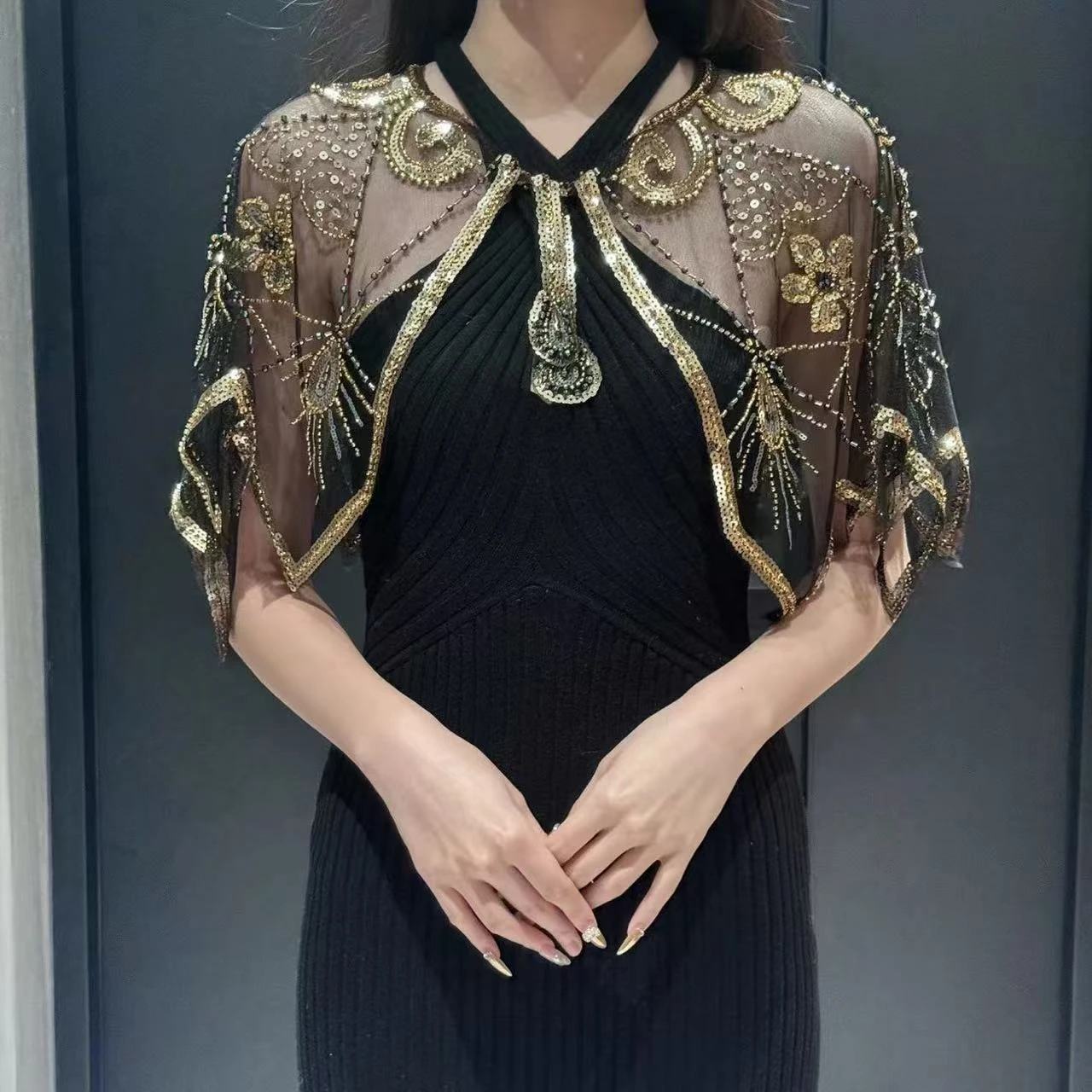 Vintage 1920s Flapper Shawl Sequin Beaded Short Cape New Heavy Handmade Sequin Short Cape Versatile Ultra-Chic Shawl with Dress