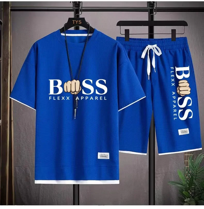 BSS FLEXX APPAREL ผู้ชาย 2 ชิ้นชุดผ้าลินินผ้าสบายๆเสื้อยืดและกางเกงขาสั้นชุดบุรุษชุดกีฬาแฟชั่นแขนสั้น