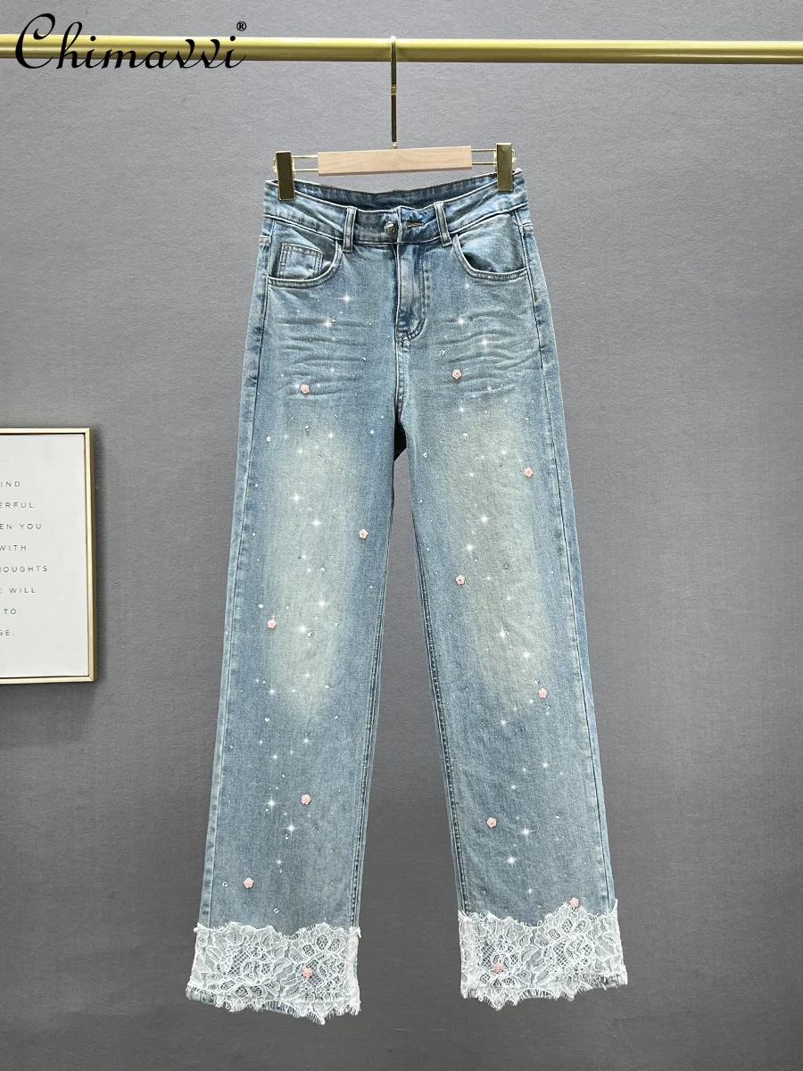 

European Rhinestone Denim Wide Leg Pants for Women 2024 Summer New Fashion High Waist Loose Slim-fit Draping Mop Trousers