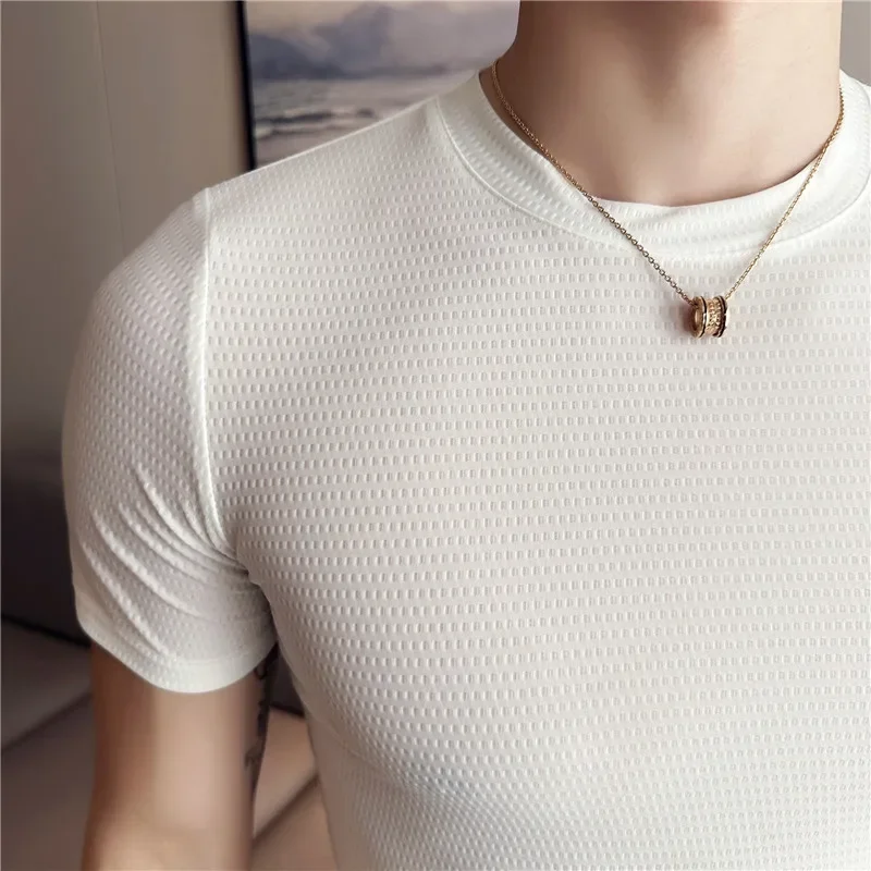 Men T Shirt 2024 Summer New Thin Ice Silk Solid Casual Short Sleeved Elastic Slim Fit T-shirt Tops Korean Fashion Men Clothing