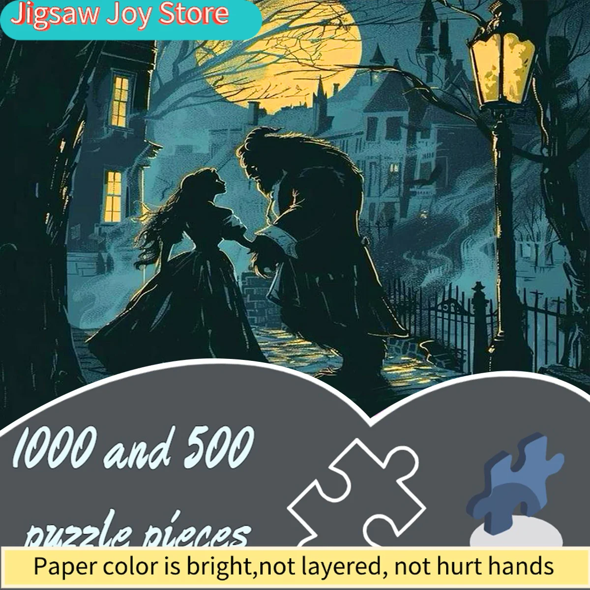 Disney/Disney, Puzzle papierowe, Puzzle DIY, Spotkanie w nocy Pięknej i Bestii, Romantyczna wioska, Odpowiednie do (Dekoracji sypialni)