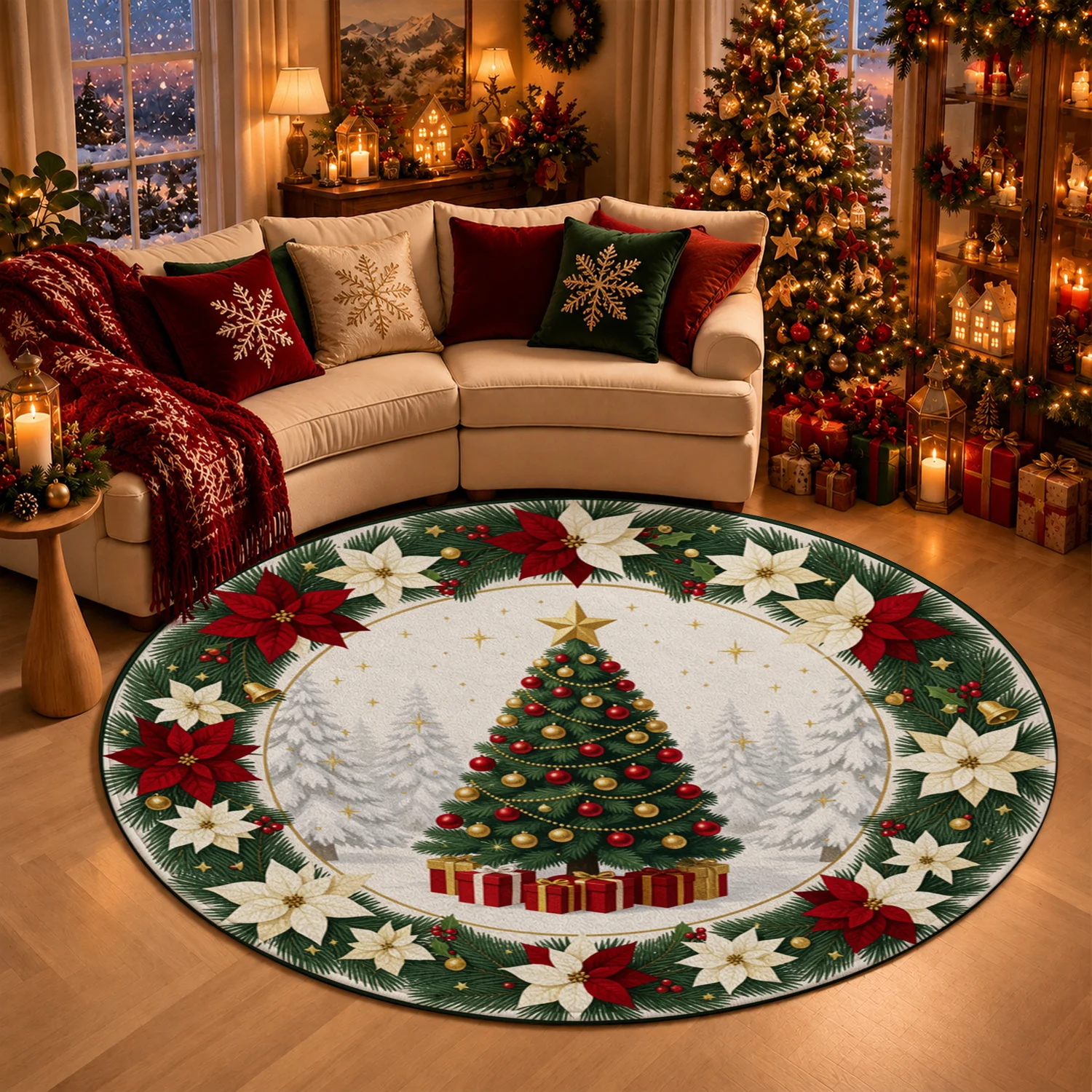 Christmas Tree Poinsettia Wreath Pattern Round Velvet Area Rug Machine Washable in Living Room Bedroom Dining Room Entryway Perfect for Halloween Thanksgiving Black Friday Cyber Monday Christmas New Year