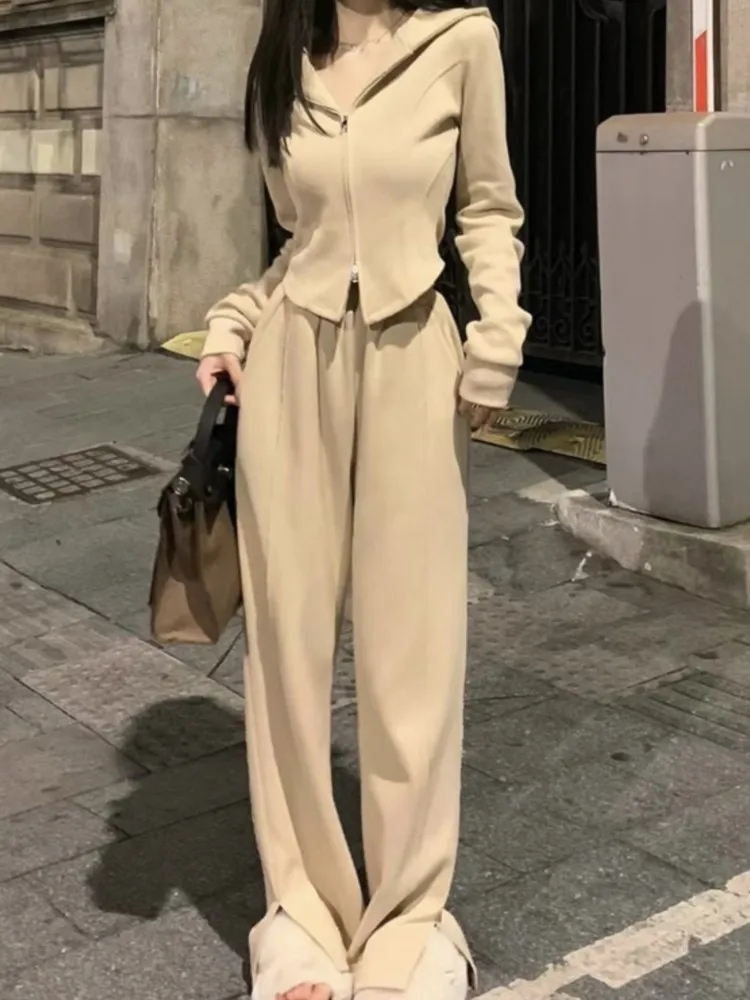 Y2K Solid Two Piece Set Tracksuit Women Hooded Zipper Jacket High Waist Wide Leg Pants Korean Fashion High Street Slim Outfits