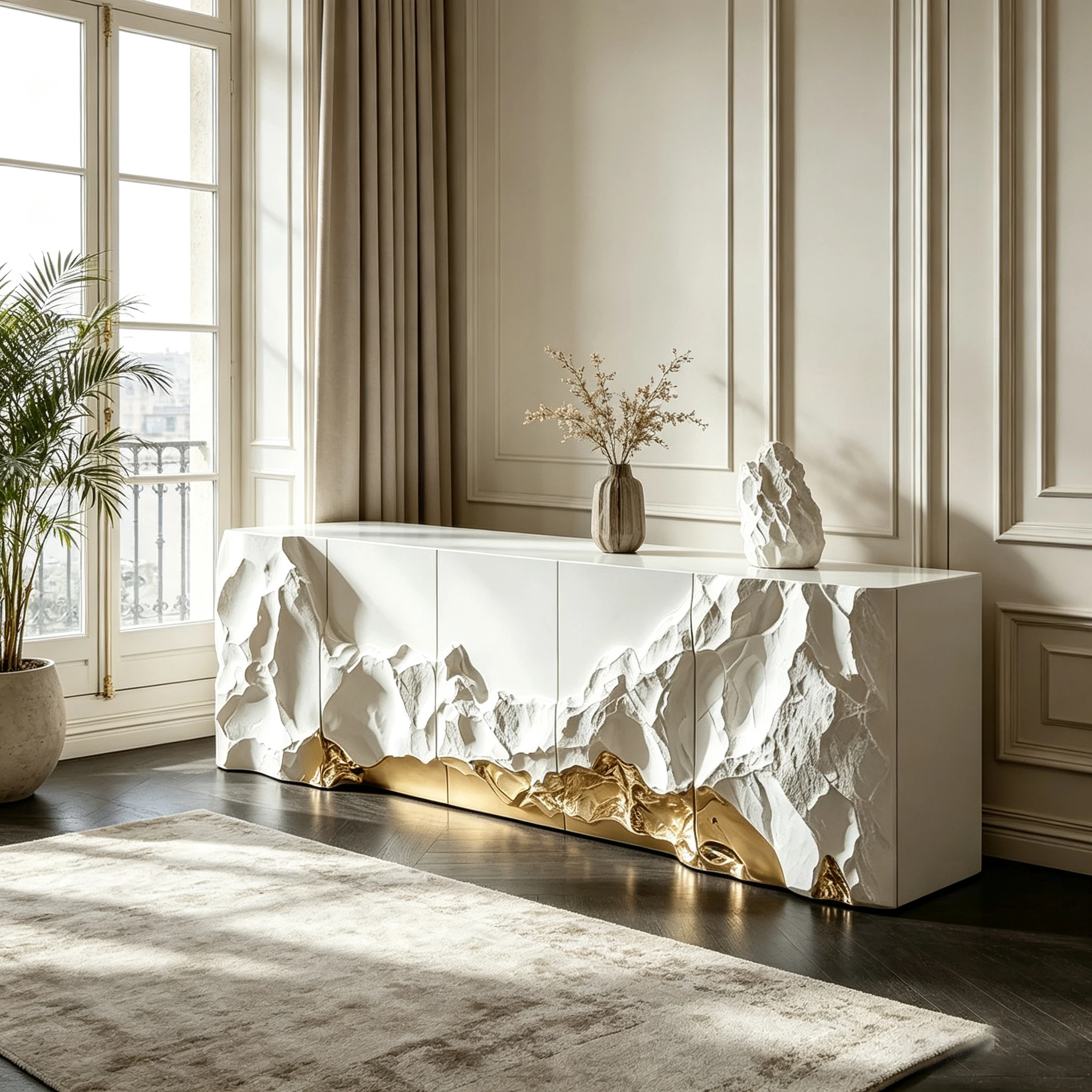 M*-Mountain Rock 3D Relief Fiberglass Sideboard 5 Door White Cabinet With Molten Gold Base