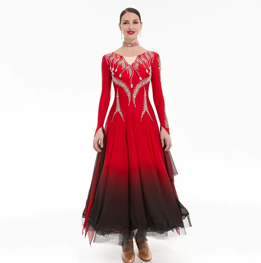 

New Gradient Flared Sleeve Diamond Trimmed Modern Waltz Dress
