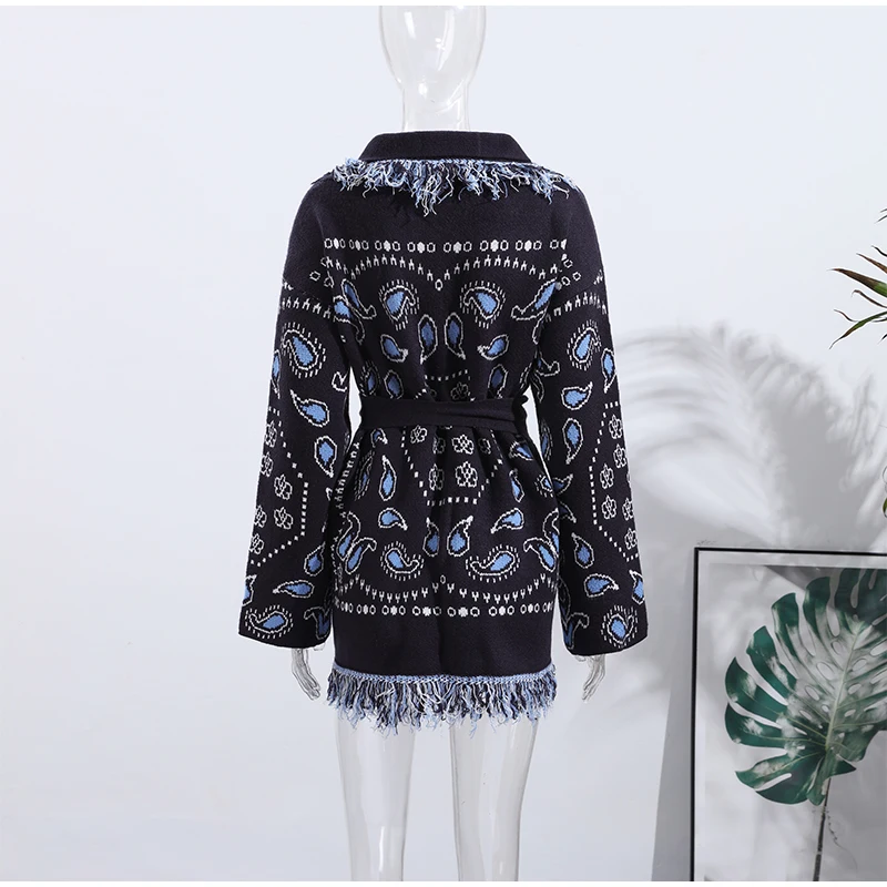 Vintage-Quasten-Druck-Damen-Cardigan mit V-Ausschnitt, Schnürung, volle Ärmel, gespleißte Pullover, 2025, Herbst-Dame, All-Match-Kintwears – Detail 5