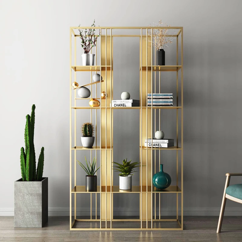 Light luxury bedroom wrought iron bookshelf floor-to-ceiling gold wall shelf living room partition decorative display rack