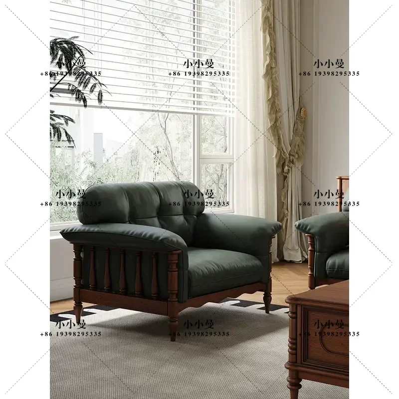 American Solid Wood Leather Sofa Light Luxury Household Small Apartment Medieval Soft Bag Sofa Living Room Oak Straight Row