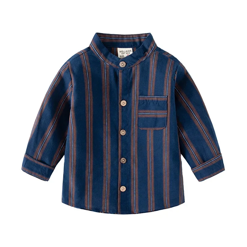 HoneyCherry Children\'s Casual Striped Long Sleeve Shirt Stand-up Collar Pocket Long Sleeve Shirt Soft Cotton Boys\' Shirt