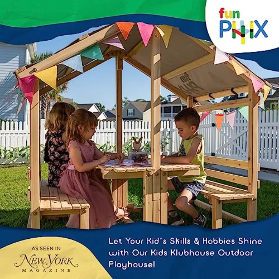 Outdoor playhouse for backyard use, made of durable wood, natural color, multifunctional with table and benches for fun play an