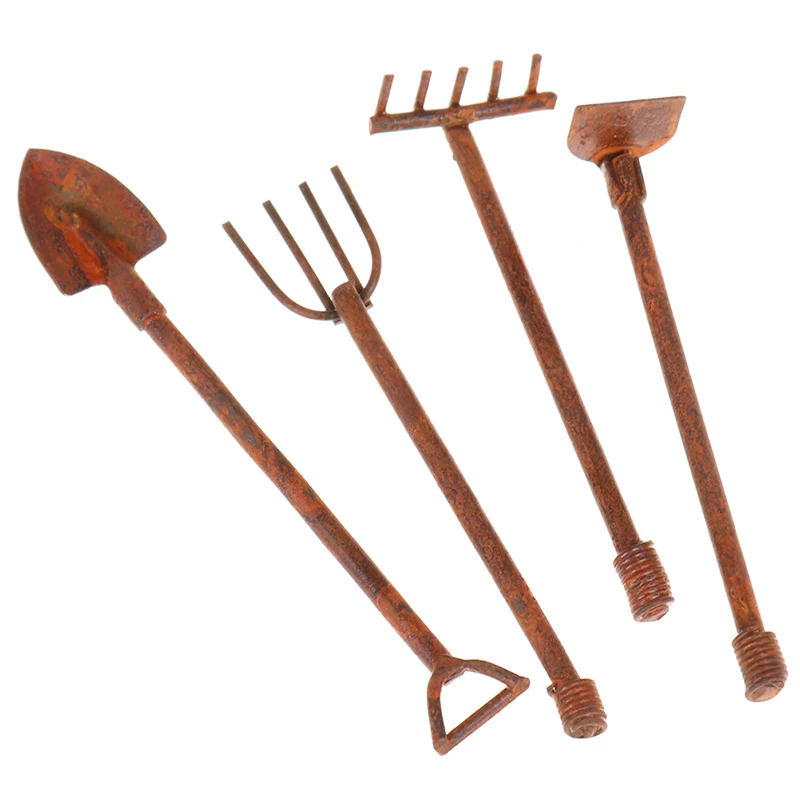 Miniatura Jardinagem Ferramentas Set, Retro Metal Pás e Pitchfork Móveis, Dollhouse Set, 1:12, 4pcs