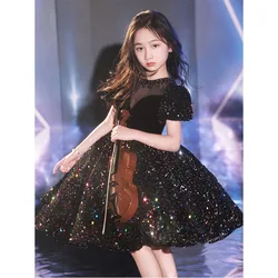 Girl's Black Purple High-End Sequined Recitation Host Violin Piano Performance Princess Gown Dress