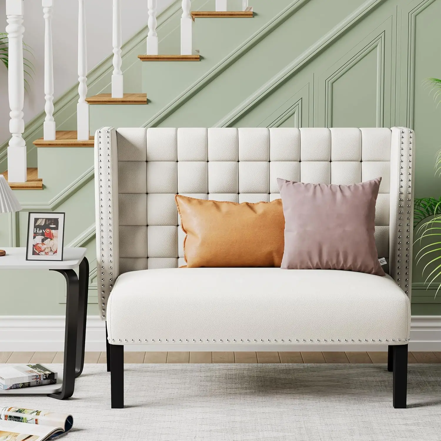 أريكة مقعد أريكة حديثة بمقعدين، مقعد طعام منجد مع ظهر، أبيض