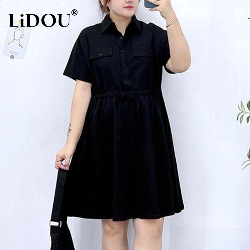 2023 Summer New Elegant Fashion Korean Style Office Lady Plus Size Midi Dresses Solid Color High Waist Loose Dress Women Robes