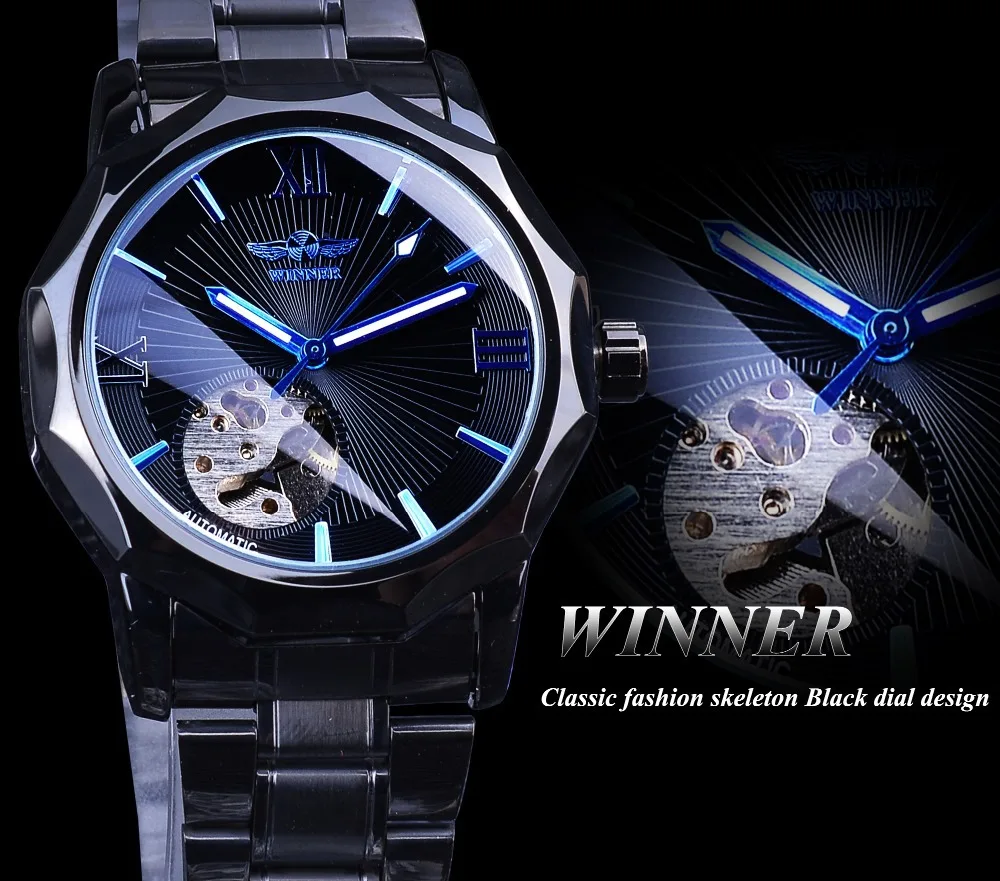 Fashion Winner Top Brand Men\'s Casual Hollow Mechanical Movement Automatic Mechanical Full Black Stainless Steel Wrist Watches