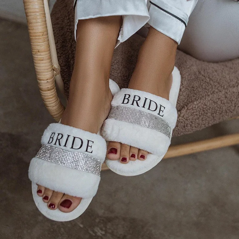 Bride Fluffy Slippers winter Bridal Shower Wedding Honeymoon Sleepover Spa Bachelorette hen Party decoration future Mrs Gift