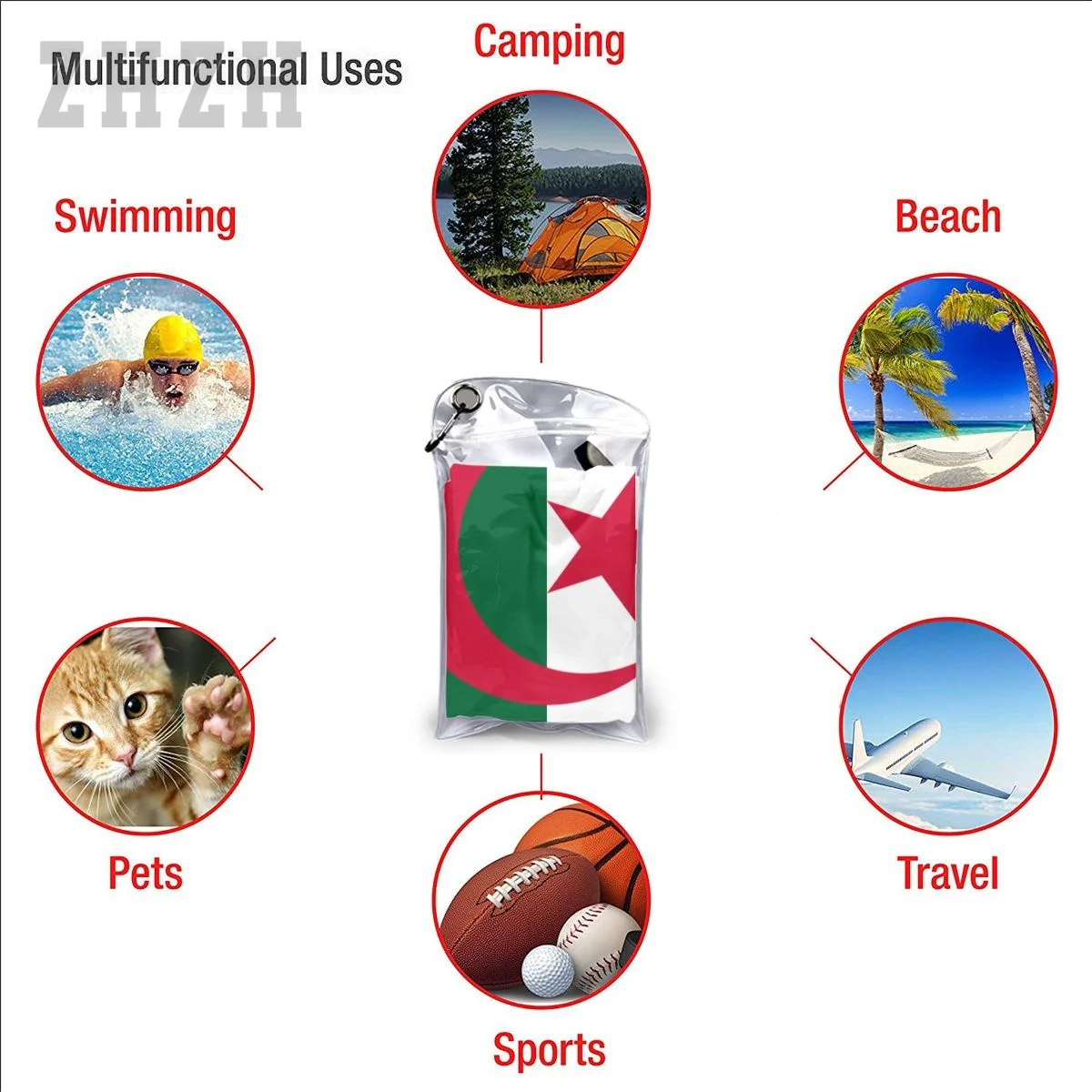 More Design Algeria Flag Emblem Bath Towel Quick dry Microfiber Absorbing Soft Water Breathable Beach Swimming Bathroom