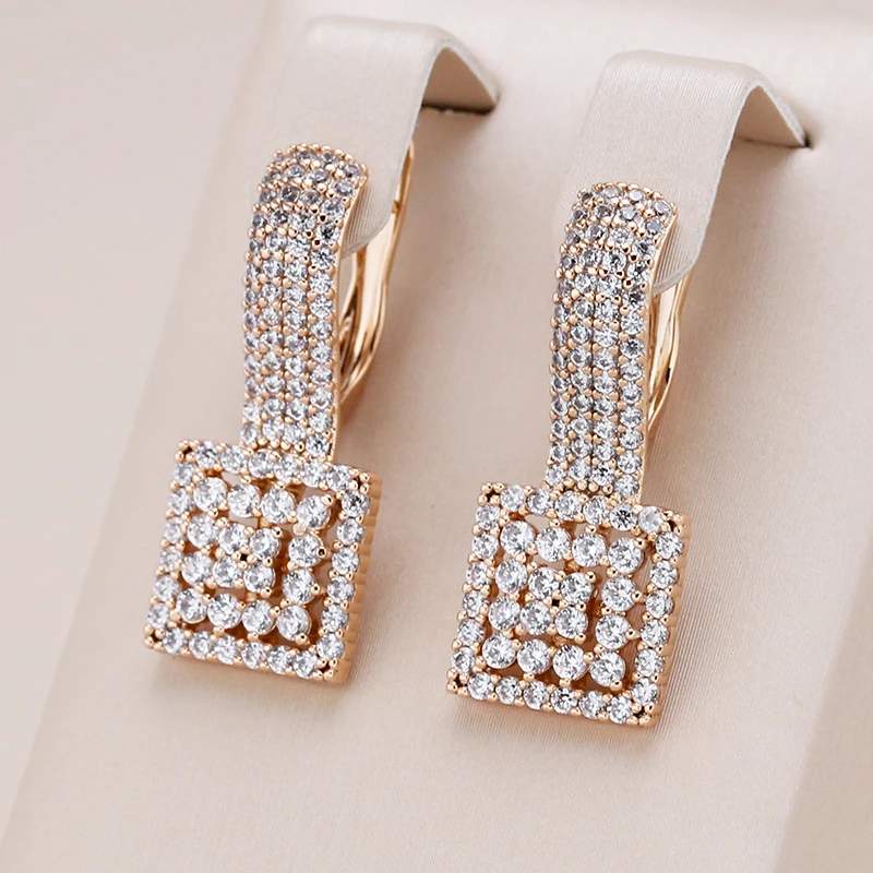 Kienl Hot Full Natural Zircon Daily Party Big Earring for Women 585 Rose Gold Color Square Ethnic Bride Vintage Wedding Jewelry