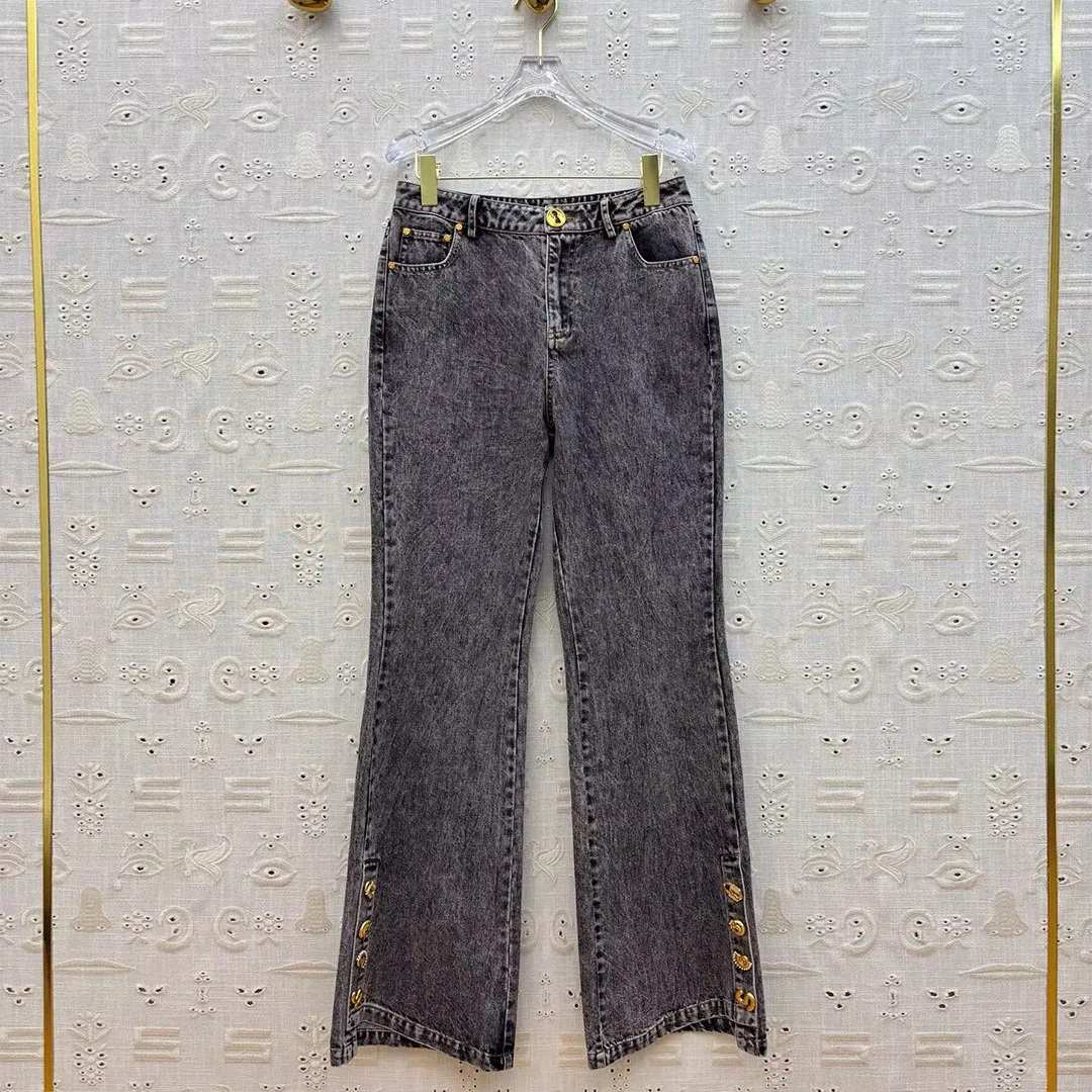 2025 New Fashion Autunno Slim Flare Jeans Donna Vita alta Oro Meatal Bottoni Polsino Lavato Vintage Streetwear Pantaloni in denim