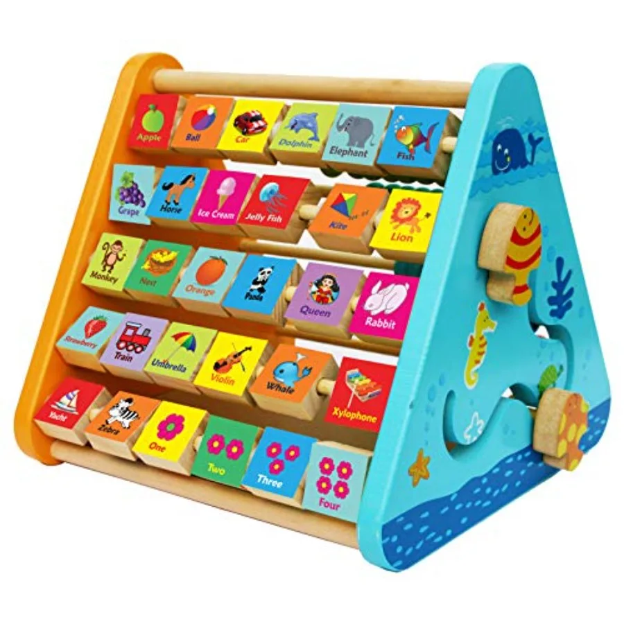 

Wooden Activity Centre Triangle Toys - flip Flop Alphabet Blocks Abacus Clock - Activity Cube for Toddlers 5 in 1- for Babies Mo