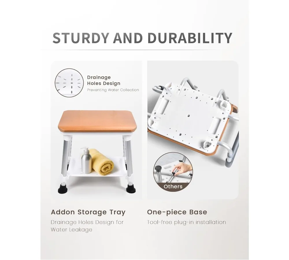 كرسي استحمام قابل للتعديل مع مقعد خشبي، سعة 400 رطل شديدة التحمل، مقعد حمام لكبار السن والمعاقين