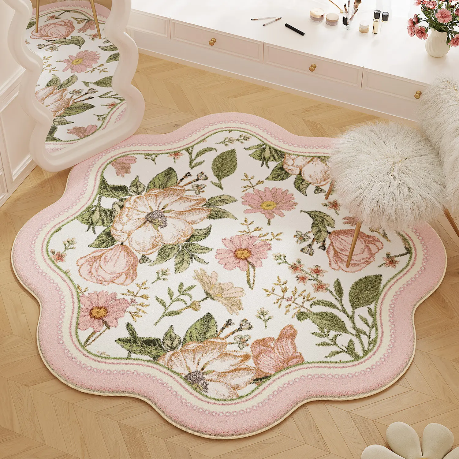 VIKAMA American Pink Floral Rug, Unique-Shaped Floor Mat for Girls' Bedrooms, Light Luxury High-End Vanity Anti-Slip Foot Mat