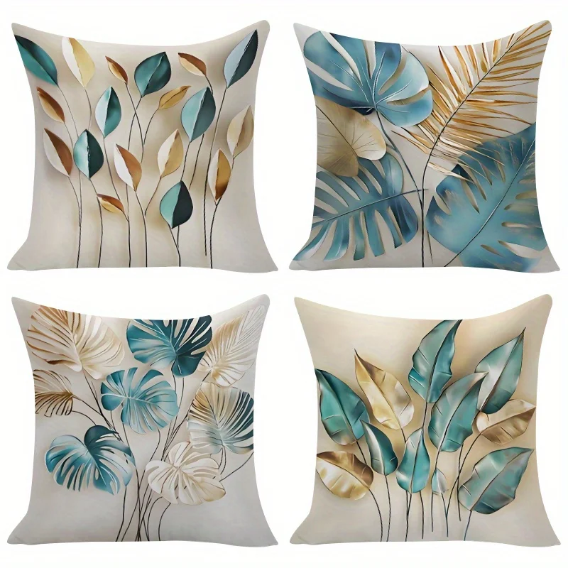 4-piece Set, Tropical Leaf Pillow Covers, Blue, Green, and Gold Color Scheme, Home Decor Cushion Covers, Insert Not Included