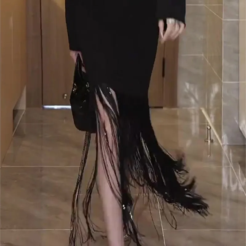 Women's Black Tassel Skirt New Fashion Versatile High Waist Slimming Elastic Straight