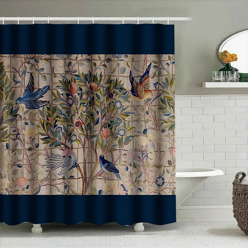 ستارة دش نباتية عتيقة نمط طيور الغابات قابل للغسل ديكور الحمام المنزل ريفي مزرعة طبيعة تحت عنوان خلفية #4