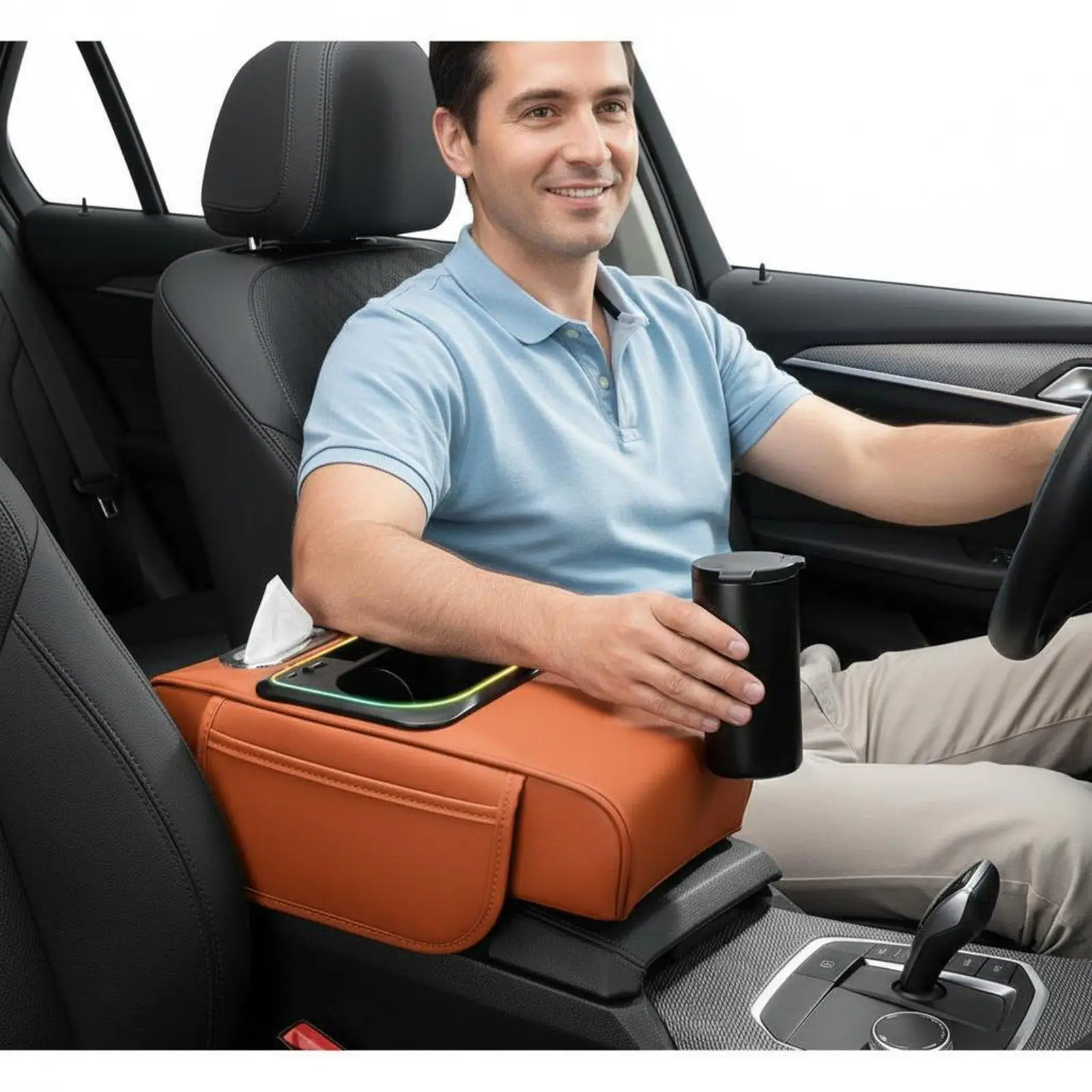 Car Armrest Console Leather Heightening Cushion Organizer with USB C Rapid Charge Cup Holder Tissue Case and Ambient Glow for