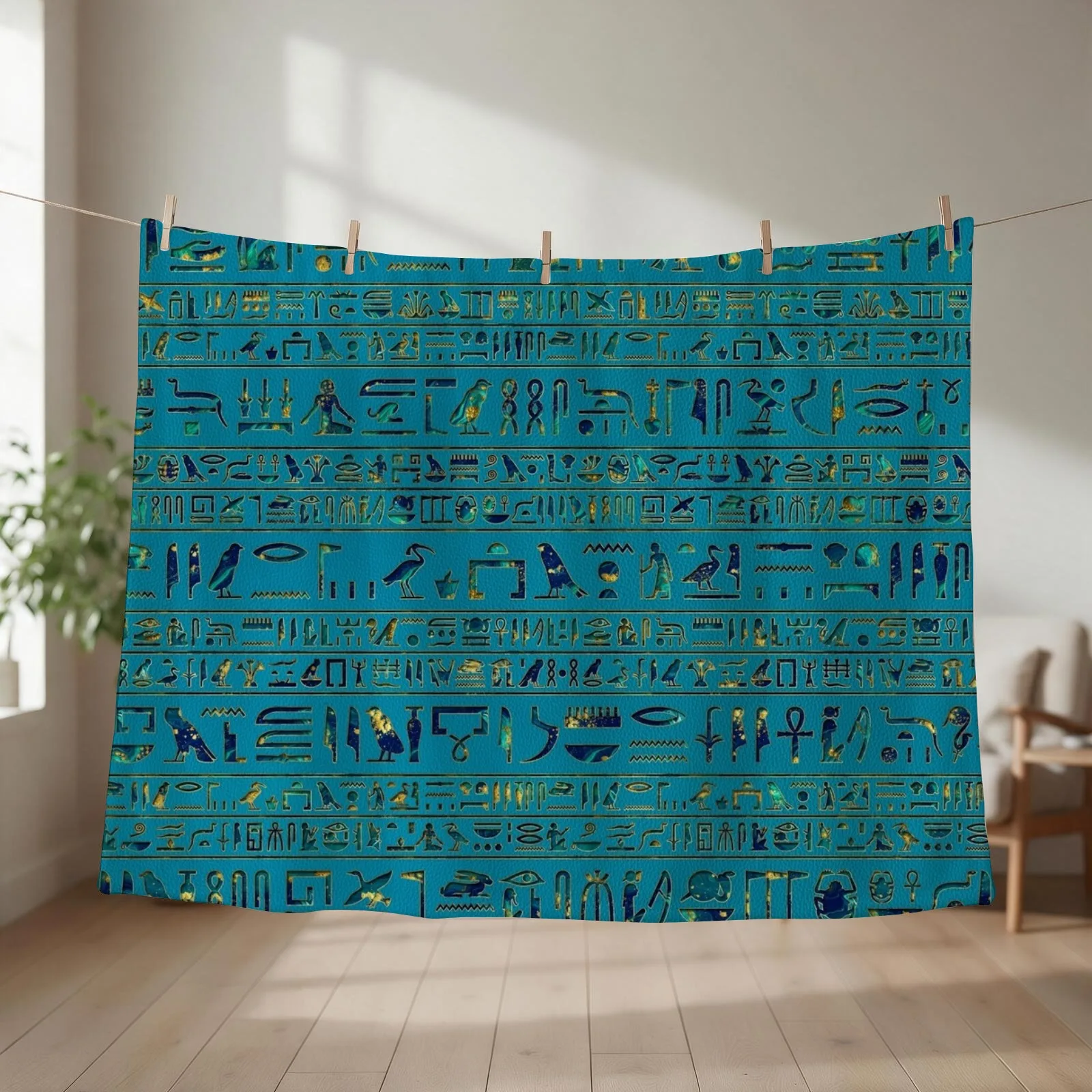 Egyptian hieroglyphs on teal leather texture Throw Blanket couch cozy soft plush fuzzy picnic outdoor blanket
