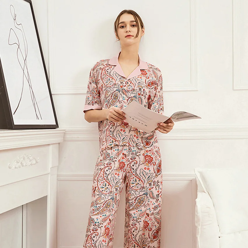 

Cotton Nightwear Sleep Set Short Sleeve Home Clothes Women Lapel Shirt Pant Pajamas Casual Loungewear Printing Flowers 2Pcs