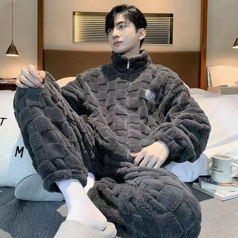 2024 Winter Warm Pajamas Set Stand Collar Fluffy Coat + Long Pants Coral Fleece Sleepwear for Sleeping Men\'s Plaid Loungwear