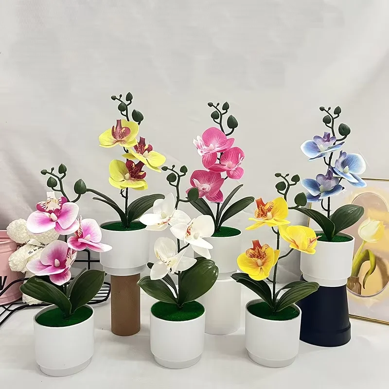 Künstliche Blume, Schmetterlingsorchidee, Topfpflanze, 3 Blüten, Hochzeitsfotografie-Requisite, grüne Pflanzen-Deko, Wohnzimmerdekoration