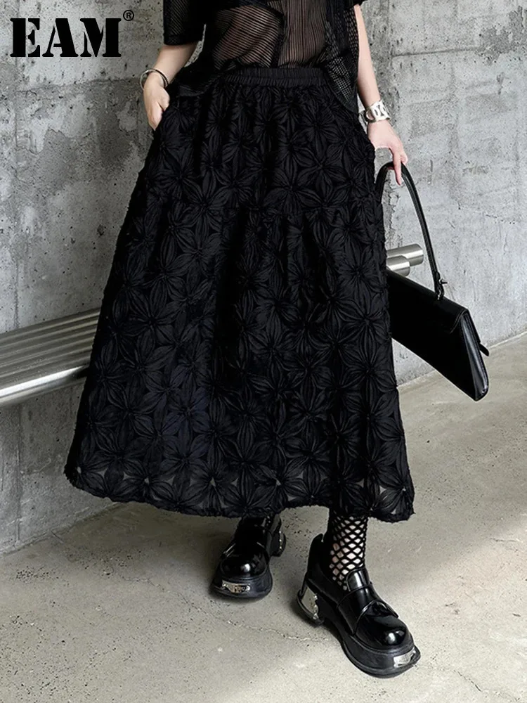 

[EAM] High Elastic Waist Black Weaving Midi A-line Elegant Half-body Skirt Women Fashion Tide New Spring Autumn 2024 1DH6460