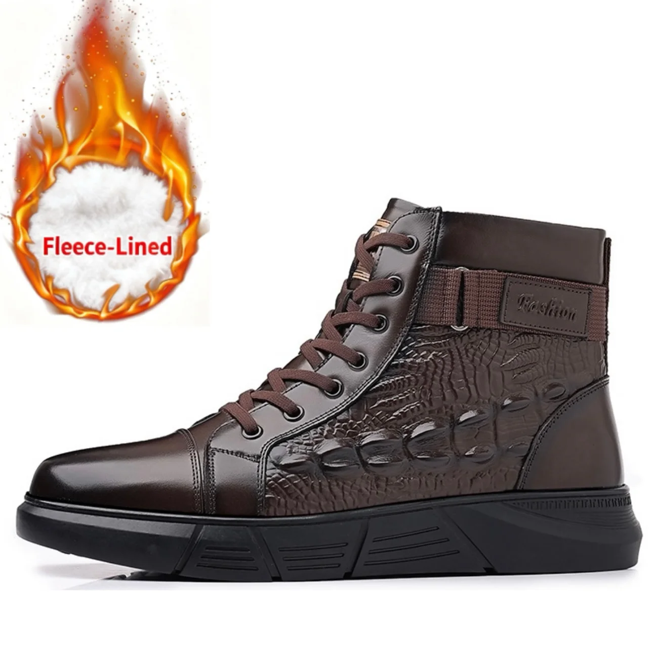 

Men's Crocodile Pattern Leather High-Top Boots Warm Fleece Lined Non-Slip Lace-Up Winter Ankle Boots for Men