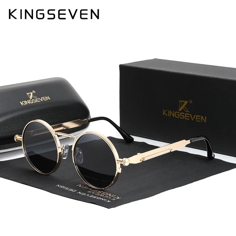 KINGSEVEN wysokiej jakości gotyckie okulary przeciwsłoneczne w stylu steampunk spolaryzowane mężczyźni kobiety marka projektant Vintage okrągłe metalowe oprawki okulary przeciwsłoneczne