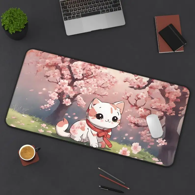 

Cute Cat Pink Sakura Japanese Aesthetic Desk Mats,XXL Loft Anime Desktop Decoration, Cute Pink Desk Mat, Office Decoration