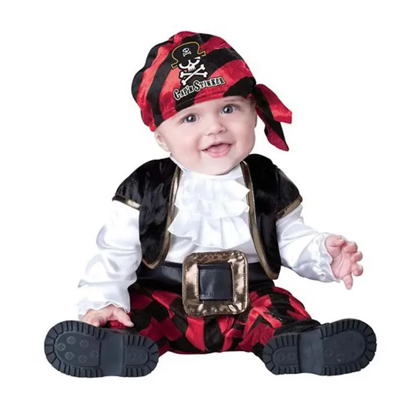 

XT8Baby Boys Girls Captain Pirate Costume Infant Toddler Romper Jumpsuit Umorden Halloween Purim Party Fancy Dress Red StriXT6@!