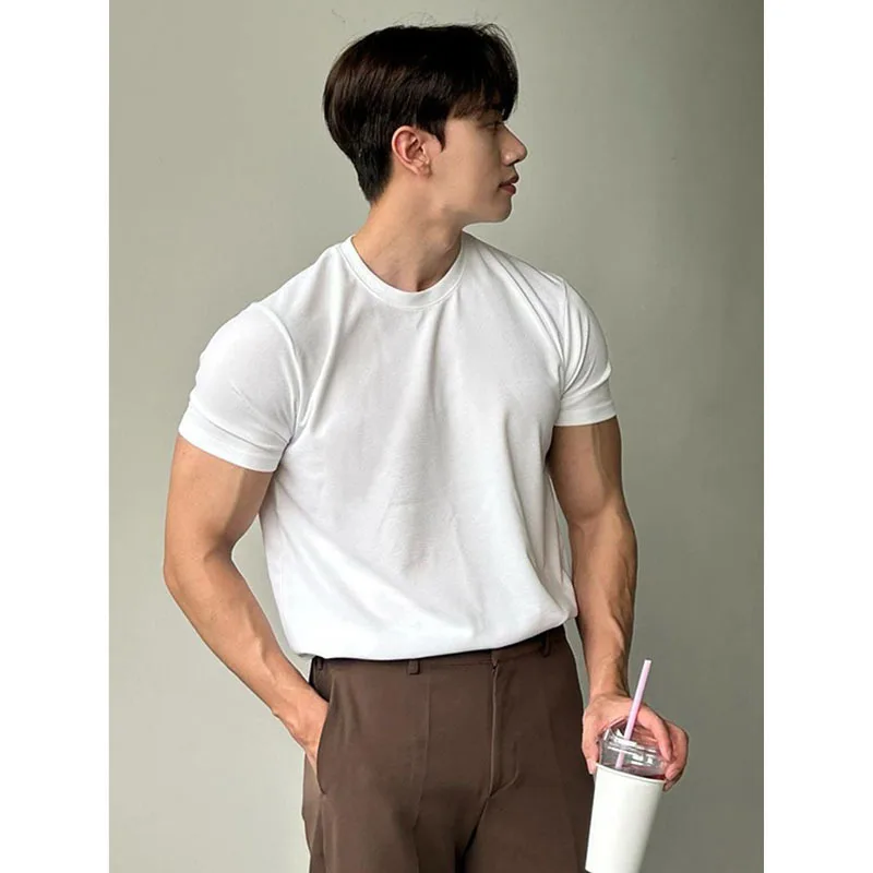 Men's summer t-shirt, small neckline, slim fit, short sleeves show muscles, suit interior