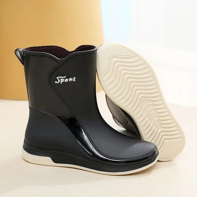 Black Mid-calf Women's Rain Water Shoes Non-slip PVC Middle Tube New Waterproof Work Garden Galoshes Rain Boots