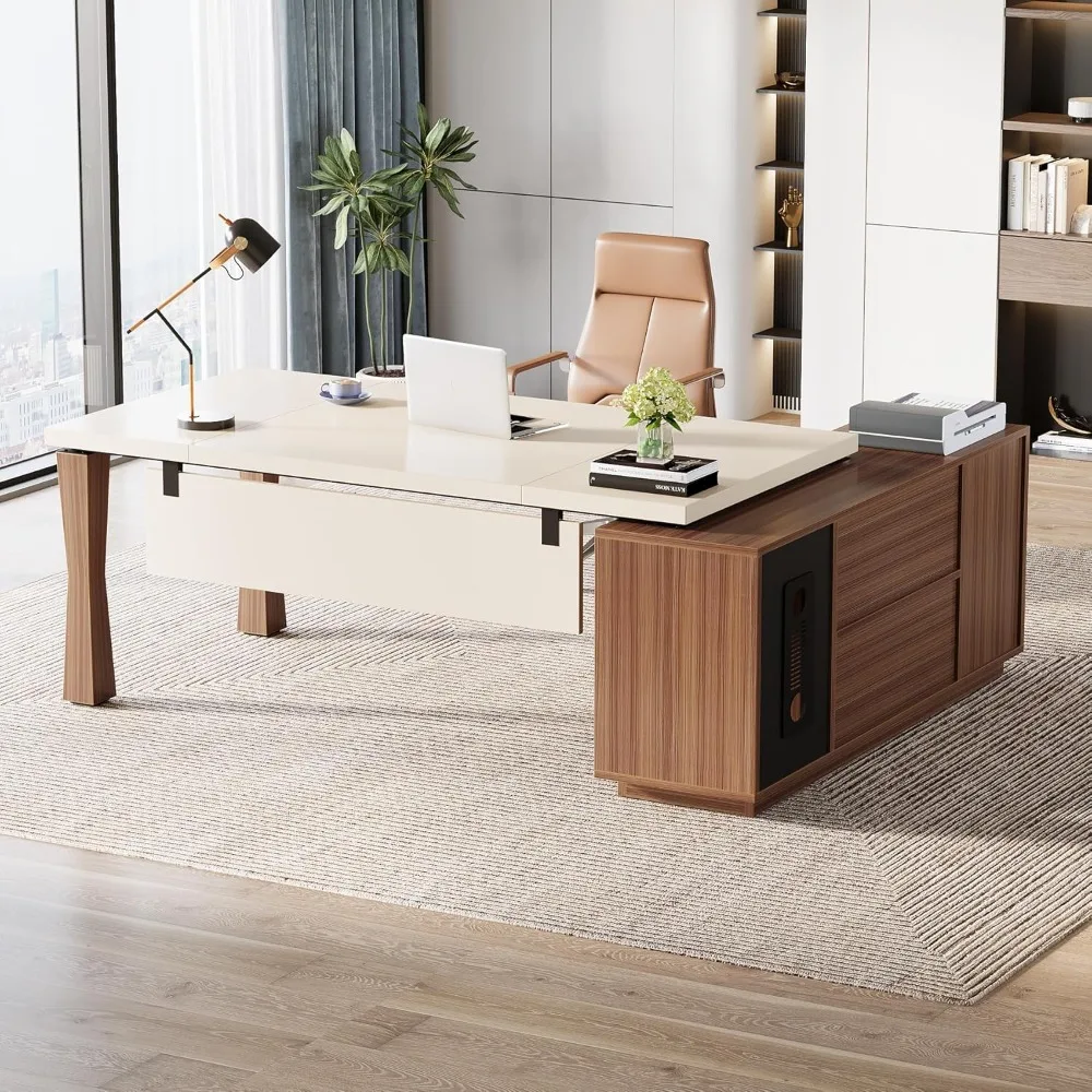 Executive Desk, L-Shaped Desk with Cabinet, Large Office Desk with Storage Shelves, Writing Table Desk Business Furniture