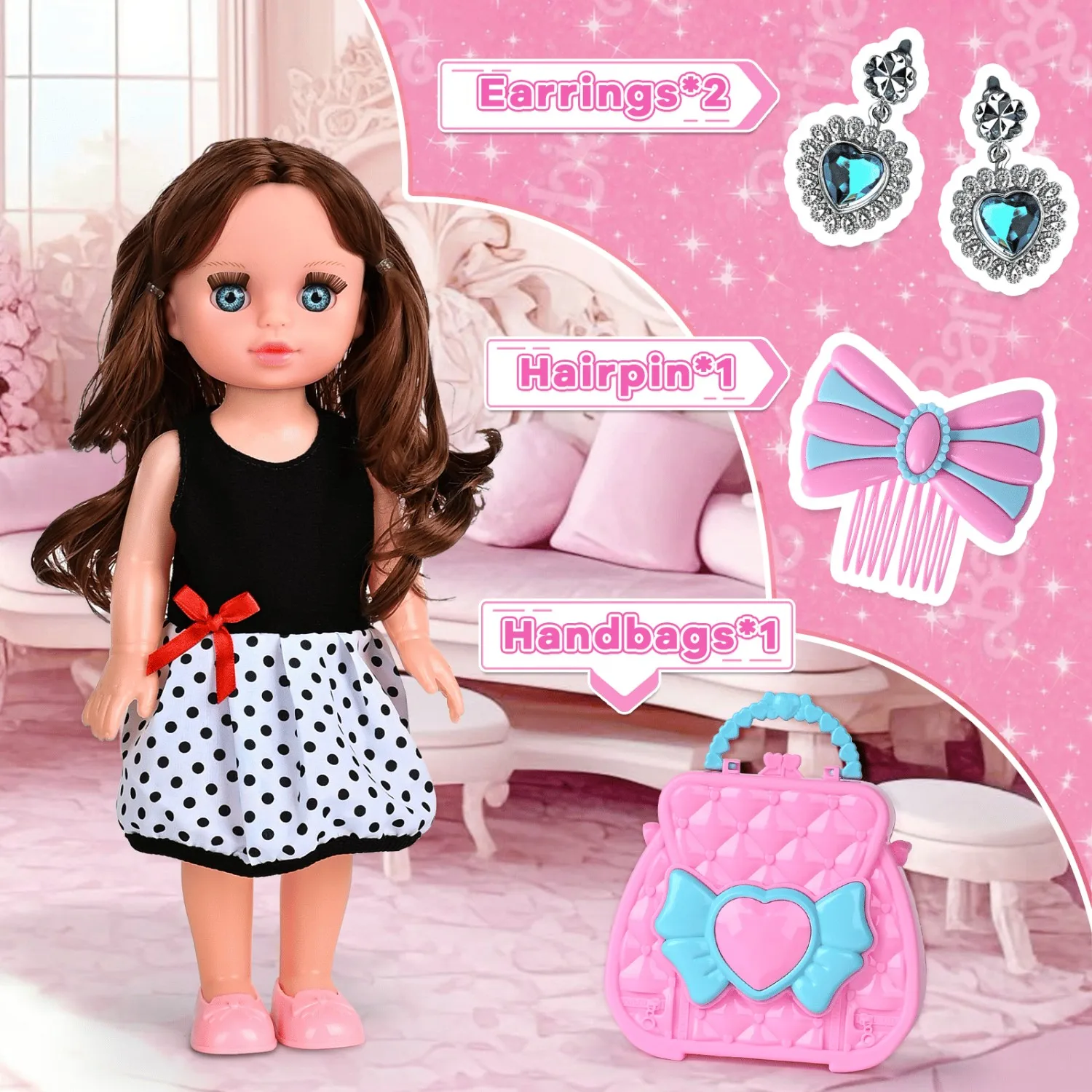 حزمة هدايا حفلات الأطفال |   مجموعة ملابس وإكسسوارات الدمى |   تتضمن الأقراط وحقيبة السفر والملابس والمزيد |   لطيف بين الوالدين والطفل