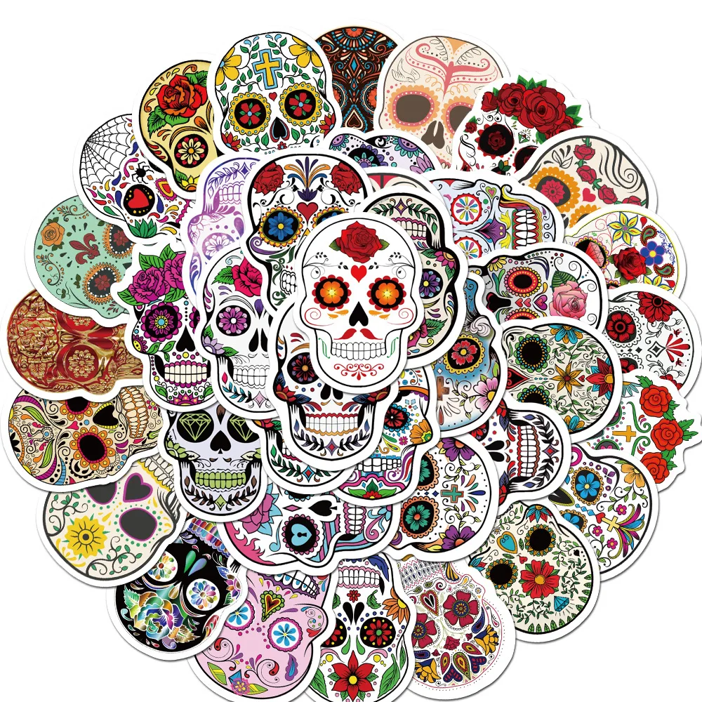 Waterproof Mexico Day of the Dead Party Stickers, Horror Skull Series, Graffiti Stickers, Luggage, Laptop, 50Pcs