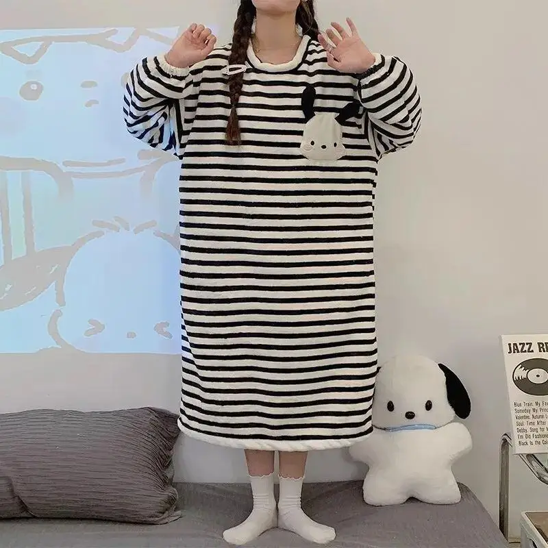 

Sanrio Pochacco Autumn Winter New Plus Size Pajamas Coral Fleece Women Homewear Cartoon Striped Fleece Lined Thickened Soft Warm